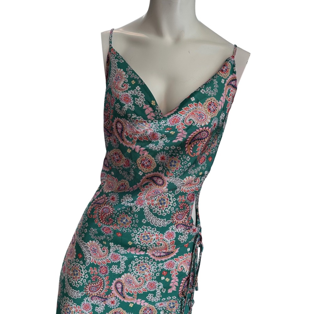 Abbeline Vintage 90s Y2K Green Paisley Satin Dress Cutout Tie Strappy Boho Small